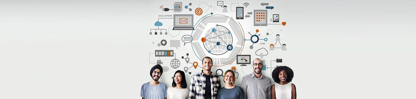 Group of people smiling in front of a background with symbols such as a laptop, e-mail symbol, @ symbol, speech bubble, connectivity Group of people smiling in front of a background with symbols such as a laptop, e-mail symbol, @ symbol, speech bubble, connectivity